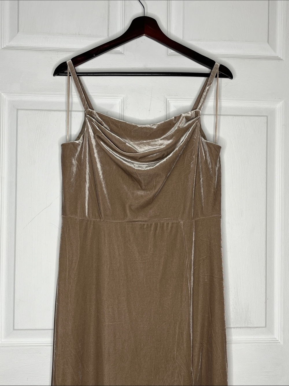 Birdie Grey Velvet Thin Strap Cowl Midi Slip Dress in Taupe
